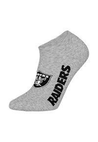 Gray ankle sock with black "RAIDERS" text and logo design. Made from soft fabric, with a ribbed cuff and a smooth texture.
