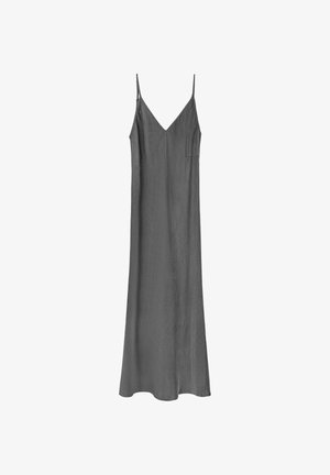 Szara sukienka typu slip dress z cienkimi, regulowanymi ramiączkami, dekoltem w kształcie litery V i luźnym krojem, wykonana z gładkiej, lekkiej tkaniny bez widocznych wzorów.