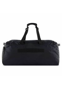 Black nylon duffel bag features dual handles, a padded grip, and a rectangular shape. Includes a large front patch for customization.