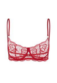 Red lace balconette bra with floral pattern, adjustable straps, central underwire support, and scalloped trim detailing along the edges.