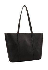 Zwarte leren tote bag met twee lange handvatten, rechthoekige vorm, gladde textuur en verticale naden voor extra detail.