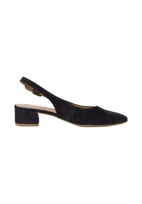 Zapato slingback de ante negro con punta afilada, tacón bajo y bloque, y correa ajustable en el talón. Textura suave con detalles de diseño mínimos.