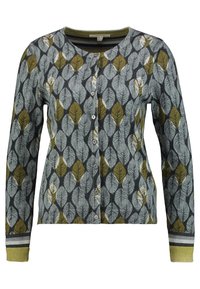 Strickjacke mit einem Blattmuster in Grau, Grün und Weiß. Knopfverschluss, lange Ärmel und gerippte Akzente an den Bündchen und am Saum.