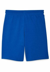 Siniset joustavyötäröiset shortsit, joissa on sileä pinta, polvenpituinen leikkaus ja ei kuvioita tai yksityiskohtia. Yksinkertainen, tasavärinen muotoilu.