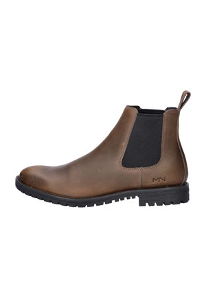 Brown leather Chelsea boot with black elastic side panel, black rubber sole, and pull tab at the back, featuring a small MN logo on the heel.