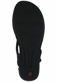 Schwarze synthetische Sandalensohle mit strukturierter Oberfläche, ausgestattet mit Profilmustern und einem Logo in einem Quadrat an der Ferse. Stabiles und flexibles Design.