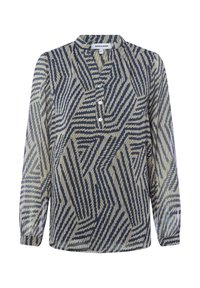 Blouse à manches longues en tissu léger avec un motif géométrique bleu marine et beige. Elle présente un col mandarin et une fermeture à boutons.