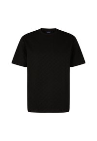 Schwarzes Baumwoll-T-Shirt mit kurzen Ärmeln und strukturiertem Muster. Rundhalsausschnitt mit geradem Saum und einem kleinen Logodetail an der Seite.