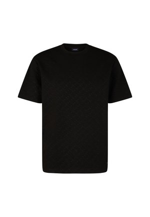 Schwarzes Baumwoll-T-Shirt mit kurzen Ärmeln und strukturiertem Muster. Rundhalsausschnitt mit geradem Saum und einem kleinen Logodetail an der Seite.