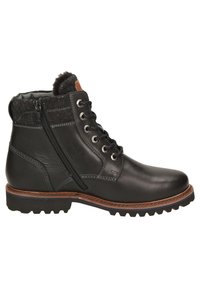 Schwarze Leder-Stiefelette mit seitlichem Reißverschluss, grauem Filzkragen und robustem Sohlenprofil. Verfügt über Metallösen und kontrastierende Nähte.