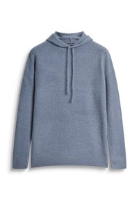 Felpa blu a maglia con un motivo a coste texturizzato, cappuccio regolabile con cordino e maniche lunghe. Nessun hardware o accentuazione visibile.