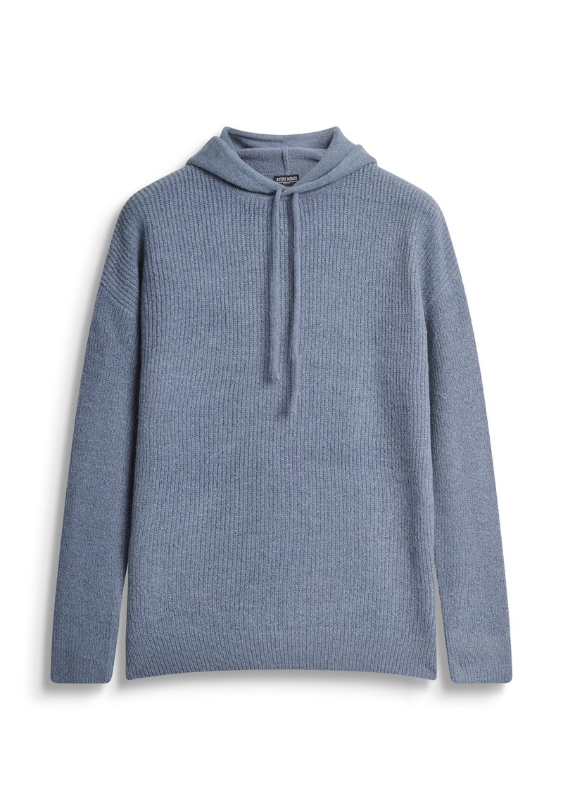 Felpa blu a maglia con un motivo a coste texturizzato, cappuccio regolabile con cordino e maniche lunghe. Nessun hardware o accentuazione visibile.