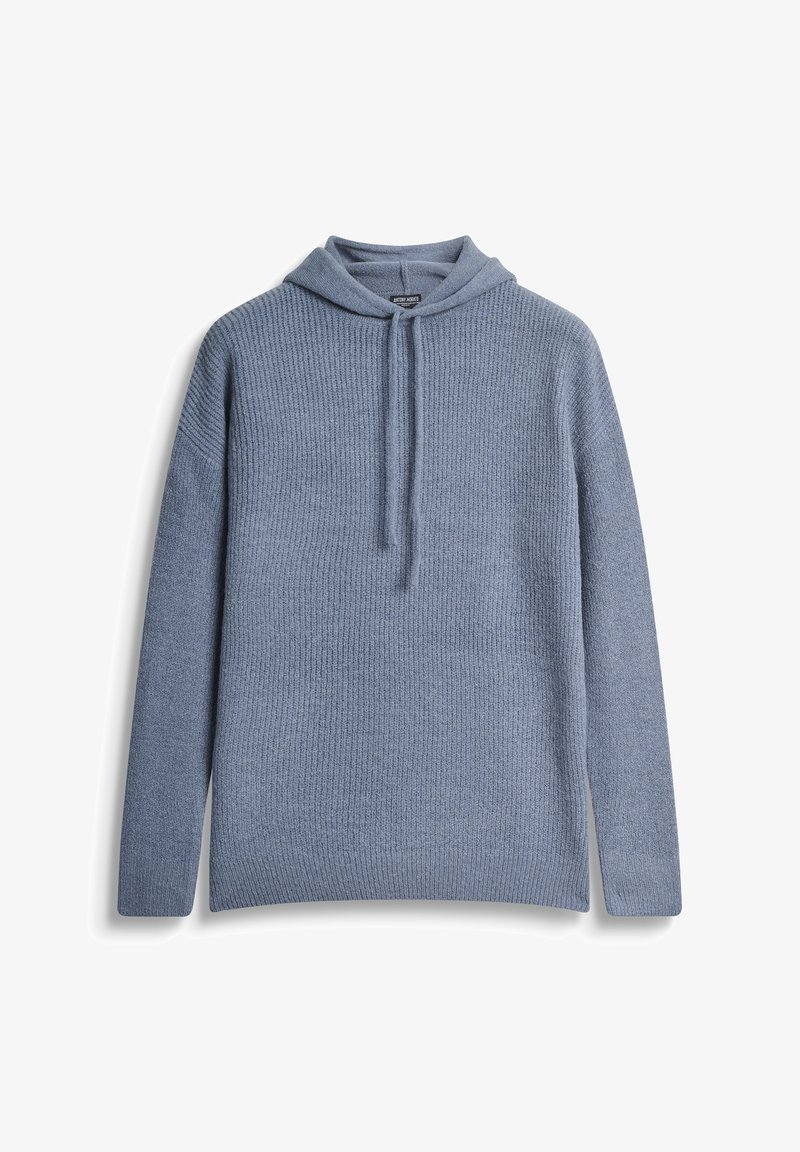 Felpa blu a maglia con un motivo a coste texturizzato, cappuccio regolabile con cordino e maniche lunghe. Nessun hardware o accentuazione visibile.