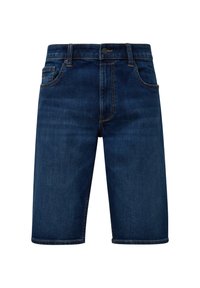 Shorts en denim bleu marine avec une coupe droite, cinq poches et des détails de couture contrastée. Texture lisse et taille mi-haute.