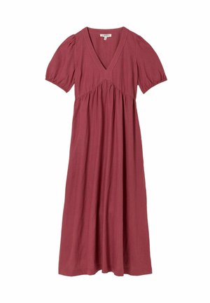 Mauve long dress with puff short sleeves, deep V-neckline, and gathered empire waist made of lightweight fabric.