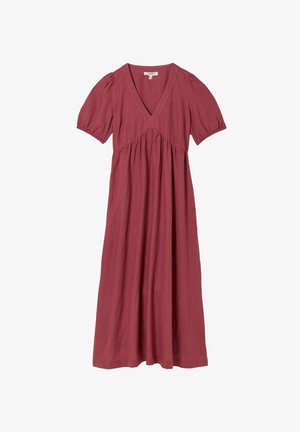 Mauve long dress with puff short sleeves, deep V-neckline, and gathered empire waist made of lightweight fabric.