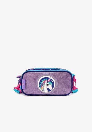 Purple glitter pencil case with a rainbow-maned unicorn patch, blue trim, and detachable turquoise and pink strap.
