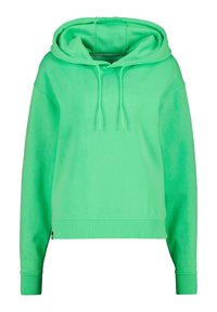 Felpa verde brillante con maniche lunghe, cappuccio con coulisse e polsini e orlo a coste, mostrata su uno sfondo bianco.