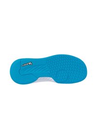 Suela de zapato de goma azul con un patrón hexagonal, con acentos blancos y un logo. Superficie texturizada para un mejor agarre.