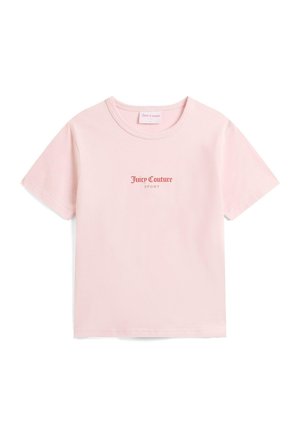 Pink cotton t-shirt with a crew neckline, short sleeves, and "Juicy Couture" logo in red above "SPORT" printed on the front.