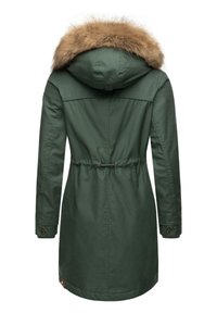 Green parka jacket with a fur-lined hood, cinched waist, and buttoned cuffs. Smooth fabric and casual design, suitable for cold weather.