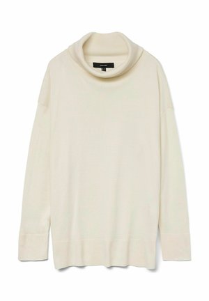 Kremowy sweter z miękkim kołnierzem i długimi rękawami, o prążkowanej teksturze i luźnym kroju. Wykonany z miękkiego materiału, o gładkim wzorze i bez widocznych elementów metalowych.