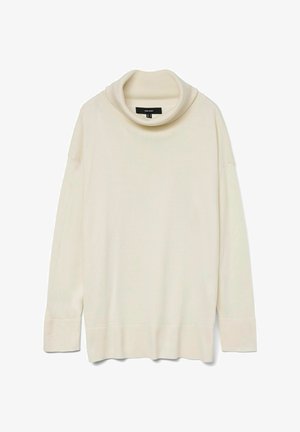 Kremowy sweter z miękkim kołnierzem i długimi rękawami, o prążkowanej teksturze i luźnym kroju. Wykonany z miękkiego materiału, o gładkim wzorze i bez widocznych elementów metalowych.