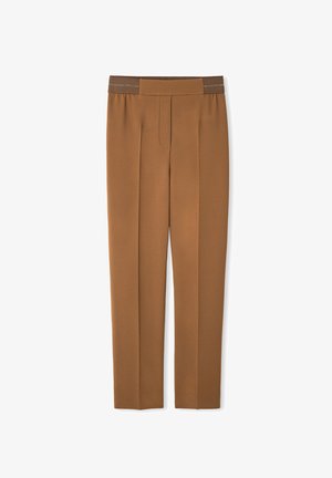 Brown tailored trousers with a flat front, pleated detailing, and a contrasting brown waistband. Smooth texture with a straight cut.