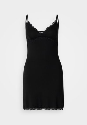 Black slip dress with lace trim along the neckline and hem, featuring adjustable spaghetti straps and a fitted silhouette in soft fabric.