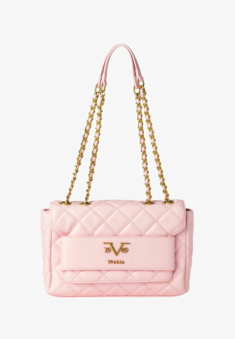 Rosa gepolsterte Handtasche mit goldfarbenen Akzenten und doppelten Kettenriemen. Verfügt über ein auffälliges Logo an einem Klappenverschluss und eine glatte Oberfläche.