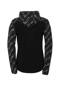 Sort langærmet hættebluse med en tekstureret krop, der har mønstrede grå ærmer og hætte, designet til aktivitetsbrug.