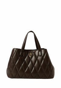 Borsa trapuntata marrone realizzata in pelle liscia, con due manici robusti e un evidente logo dorato in rilievo sulla parte anteriore.