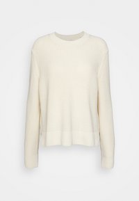 Crèmekleurige gebreide trui met een geribbelde textuur, ronde halslijn en lange mouwen. Heeft zijwaartse splitten aan de zoom voor meer bewegingsvrijheid.