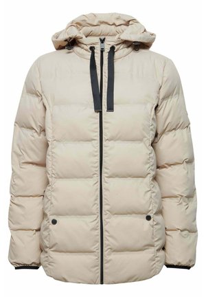 Puffervest i lys beige med hætte, sorte snore og lynlåsfront. Designet inkluderer quiltede sektioner og sorte accenter.