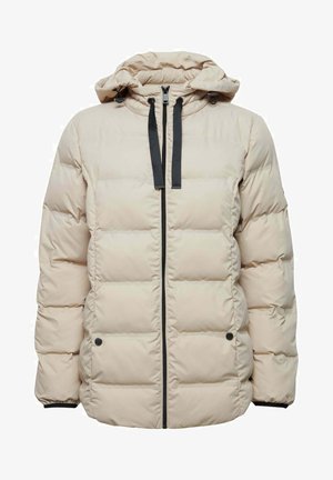 Veste en duvet de couleur beige clair, dotée d'une capuche, de cordons de serrage noirs et d'une fermeture éclair à l'avant. Le design comprend des sections matelassées et des accents noirs.