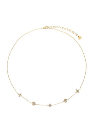 Goudkleurige ketting met vijf bloemvormige accenten, elk met heldere stenen. Delicate ketting met verstelbare sluiting en extra schakels.