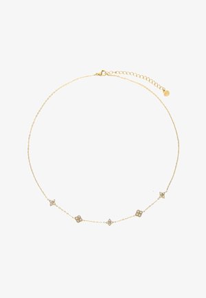 Collier doré avec cinq accents en forme de fleur, chacun orné de pierres claires. Chaîne délicate avec fermoir ajustable et maillons supplémentaires.