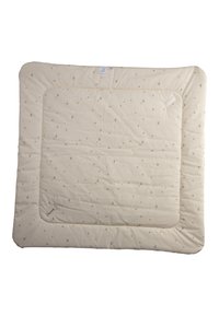 Quilted cream-colored baby blanket with a soft texture, featuring a subtle pattern of stars and crescent moons, with a bordered edge.