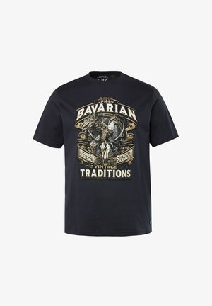 Dunkelblaue Baumwoll-T-Shirt mit einem Vintage-Grafikdruck, der einen Adler zeigt, dem Text "Bayerische Traditionen" und dekorativen Elementen in hellen Farben.