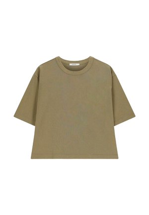 Olijfgroene oversized t-shirt van katoen, met korte mouwen, een ronde hals en een cropped zoom voor een ontspannen pasvorm.