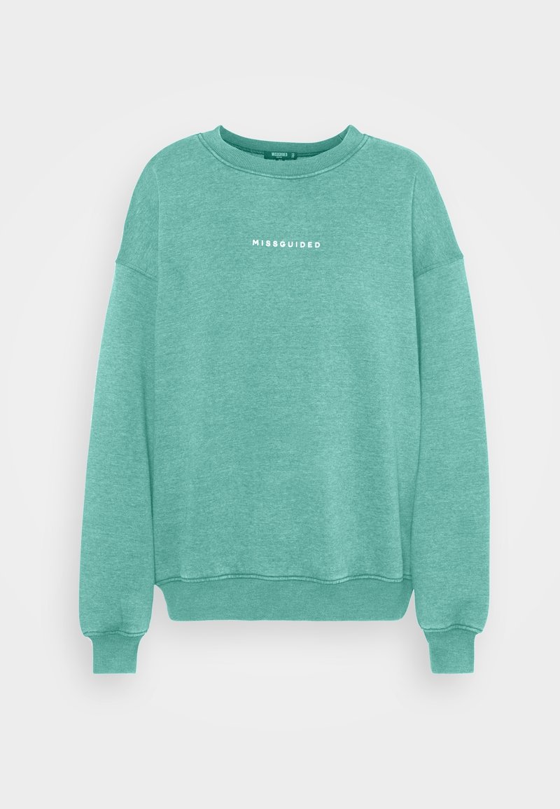 Teal crewneck sweatshirt i mjukt material, med ribbade muddar och nederkant, samt "MISSGUIDED" i vit text på framsidan.