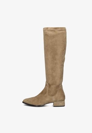 Knee-high, beige suede boot with a low block heel, smooth texture, sleek silhouette, and subtle stitching details on the side.