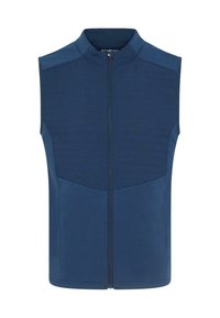 Jūrinė berankovė liemenė su aukštu apykaklė, priekinis užtrauktukas ir tekstūruoti paneliai krūtinės srityje. Pagaminta iš minkštos, tamprus medžiagos.