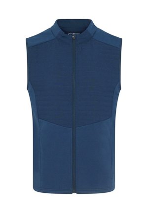 Gilet sans manches bleu marine avec un col haut, fermeture éclair sur le devant et des panneaux texturés sur la poitrine. Fabriqué à partir d'un tissu doux et extensible.