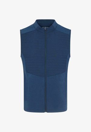 Chaleco sin mangas azul marino con cuello alto, cremallera delantera y paneles texturizados en el pecho. Hecho de una tela suave y elástica.