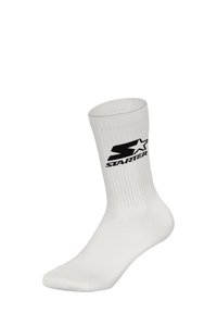 White athletic sock with ribbed texture, featuring a black logo reading "STARTER" on the outer side. Mid-calf height. Soft material.