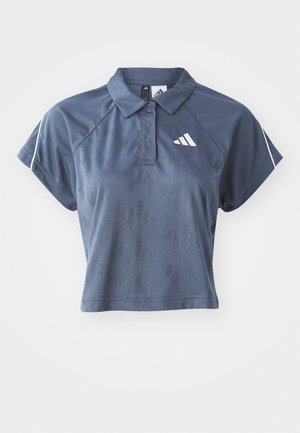 Marineblaue, kurz geschnittene Poloshirt aus atmungsaktivem Stoff mit einem dezenten Strukturmuster und weißen Akzenten an den Ärmeln sowie dem Logo.