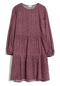 Robe longue bordeaux à manches longues avec un design en étages, arborant un motif abstrait dans des nuances de crème et de marine. Tissu doux, encolure ronde.