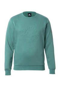 Teal sweatshirt gemaakt van zachte stof, met een ronde hals, lange mouwen en een reliëflogo in het midden. De boorden en de zoom zijn geribbeld.