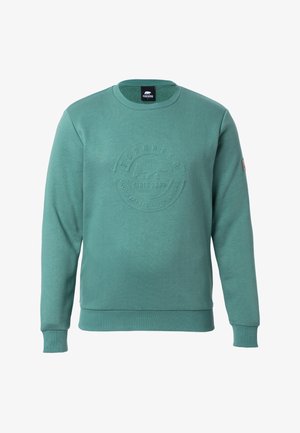 Miętowa bluza wykonana z miękkiego materiału, z okrągłym dekoltem, długimi rękawami i wytłoczonym logo na środku. Rękawy i dół są ściągacze.